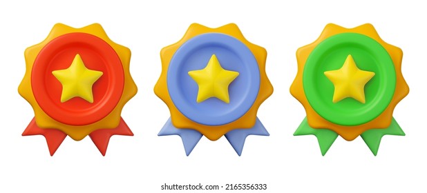 3d medal icon set. Quality award certificate, different color. Vector prize badge render illustration isolated on a white background