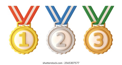 3d medal places. Sport champion medals on ribbon, first second third place winner award gold silver bronze badge championship best prize success trophy, garish vector illustration original artwork