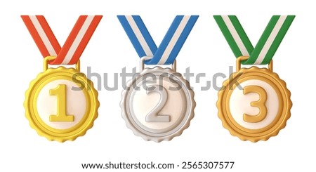 3d medal places. Sport champion medals on ribbon, first second third place winner award gold silver bronze badge championship best prize success trophy, garish vector illustration original artwork