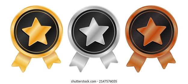 3d medal set, round emblem with star and ribbon, with gold, silver and bronze medals
