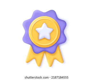 3d medal with star and ribbon icon. Render medal for quality certificate, best customer and winner concept. 3d badge vector cartoon minimal illustration