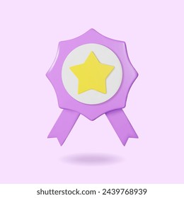 3D medal with star and ribbon. Quality guarantee icon. Realistic 3d render graphics medal, high quality rating. Vector illustration.