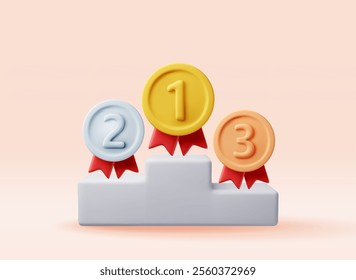 3d medals on podium isolated. Render gold, silver, bronze champion medal on stage. Winners medallion. First, second, third place, achievement, award, prize or bonus and pedestal. Vector illustration