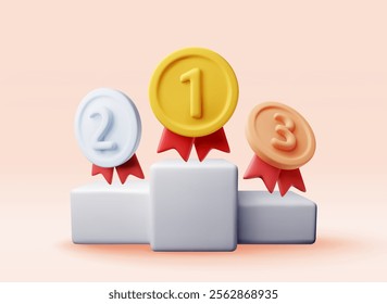 3d medals on podium isolated. Render gold, silver, bronze champion medal on stage. Winners medallion. First, second, third place, achievement, award, prize or bonus and pedestal. Vector illustration