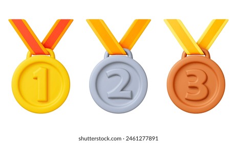 3d medals. Sport award for winners, gold silver and bronze prizes. Business competition medal, leadership awards. Isolated realistic render pithy vector set