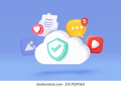 3d media cloud for management multimedia file document. Image and video document folder on 3d digital file, app with data transfer notification icon. 3d cloud storage icon vector render illustration