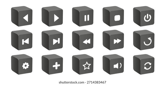 Symbolsatz für 3D-Mediensteuerung. Schwarze isometrische Drucktasten. Wiedergabe, Pause, Stopp, Lautstärke, Navigationssystem-Aktionen für Media Player und digitale Schnittstelle. Vektorgrafik