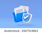 3D media data with video and photo gallery library with shield protection icon. Security image and video files in database. Document management form. 3d file icon vector render illustration