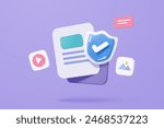 3D media data with video and photo gallery library with shield protection icon. Security image and video files in database. Document management form. 3d file icon vector render illustration