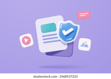 3D media data with video and photo gallery library with shield protection icon. Security image and video files in database. Document management form. 3d file icon vector render illustration