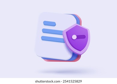 3D media data with video and photo gallery library with shield protection icon. Security image and video files in database. Document management form. 3d file icon vector render illustration