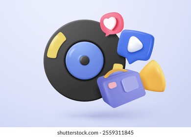 3D media data with video and photo gallery library. Searching image and video files in database. Document management soft, document form, compound docs concept. 3d file icon vector render illustration