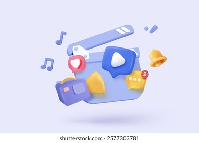 3D media data with video and photo gallery library. Searching image and video files in database. Document management soft, document form, compound docs concept. 3d file icon vector render illustration