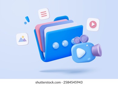 3D media data with video and photo gallery library. Searching image and video files in database. Document management soft, document form, compound docs concept. 3d file icon vector render illustration