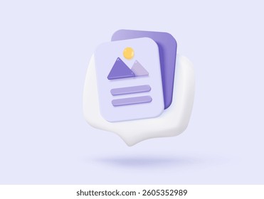 3D media data with video and photo management. Searching image and video files in gallery library. Document management soft database, document form. 3d multimedia file icon vector render illustration