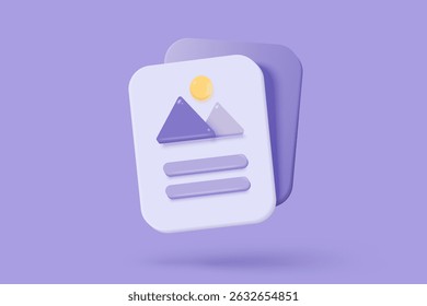 3D media data with video and photo management. Searching image and video files in gallery library. Document management soft database, document form. 3d multimedia file icon vector render illustration