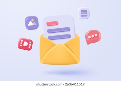 3D media data with video and photo management. Searching image and video files in gallery library. Document management soft database, document form. 3d multimedia file icon vector render illustration