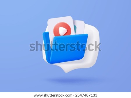 3D media data with video and photo management. Searching image and video files in gallery library. Document management soft database, document form. 3d multimedia file icon vector render illustration