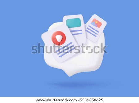 3D media data with video and photo gallery library. Searching image and video files in database. Document management soft, document form, compound docs concept. 3d file icon vector render illustration