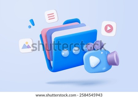 3D media data with video and photo gallery library. Searching image and video files in database. Document management soft, document form, compound docs concept. 3d file icon vector render illustration