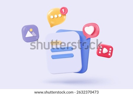3D media data with video and photo management. Searching image and video files in gallery library. Document management soft database, document form. 3d multimedia file icon vector render illustration