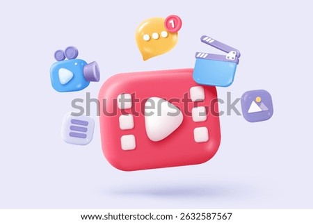 3D media data with video and photo gallery library. Searching image and video files in database. Document management soft, document form, compound docs concept. 3d file icon vector render illustration
