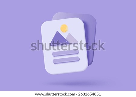 3D media data with video and photo management. Searching image and video files in gallery library. Document management soft database, document form. 3d multimedia file icon vector render illustration