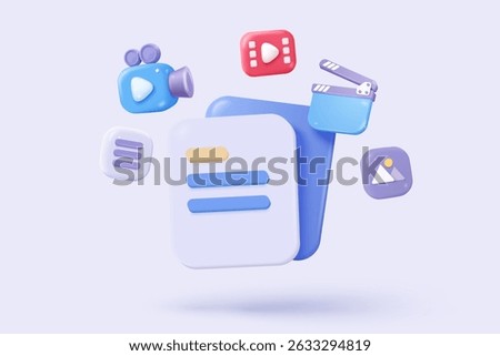 3D media data with video and photo management. Searching image and video files in gallery library. Document management soft database, document form. 3d multimedia file icon vector render illustration