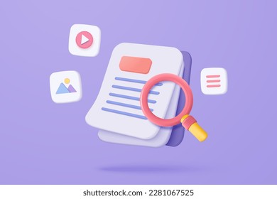 3d media file document management. Searching image and video content files icon. Document management soft, document flow app, compound docs 3d concept. 3d magnifying icon vector rendering illustration