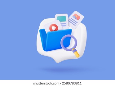 3d media file management concept. Searching image and video files in database. Document management soft, document flow app, compound docs concept. 3d magnifying icon vector rendering illustration