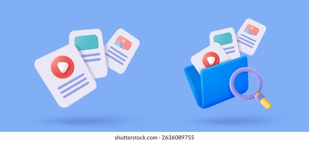 3D-Mediendatei-Management-Konzept. Bild- und Videodateien in der Datenbank werden durchsucht. Dokumentenmanagement-Soft, Dokumentenfluss-App, Verbunddocs-Konzept. 3D-Vergrößerungssymbol, Vektorgrafik