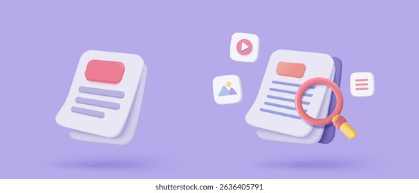 3d media file management concept. Searching image and video files in database. Document management soft, document flow app, compound docs concept. 3d magnifying icon vector rendering illustration