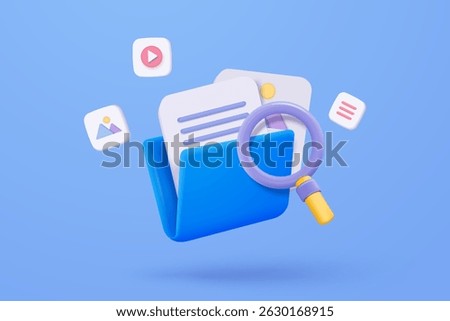 3d media file management concept. Searching image and video files in database. Document management soft, document flow app, compound docs concept. 3d magnifying icon vector rendering illustration
