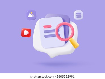 3d media file management icon. Searching image and video in organization database. paperwork sharing soft, document flow app, compound docs find concepts. 3d magnifying icon vector render illustration