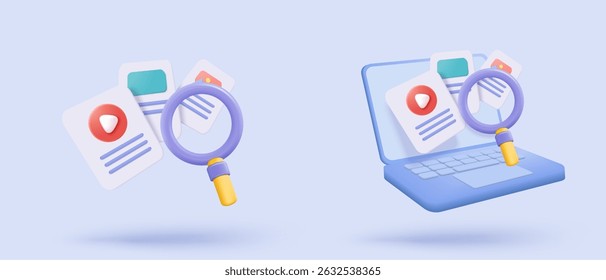 3d media file management icon. Searching image and video in organization database. paperwork sharing soft, document flow app, compound docs find concepts. 3d magnifying icon vector render illustration