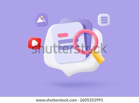 3d media file management icon. Searching image and video in organization database. paperwork sharing soft, document flow app, compound docs find concepts. 3d magnifying icon vector render illustration