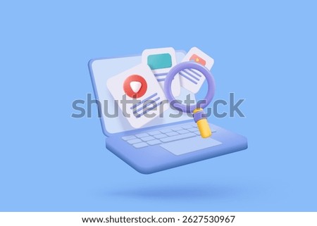 3d media file transfer of document in folder, search video and image picture in notebook, research document concept. Magnify in hand find media on laptop. 3d find icon vector render Illustration