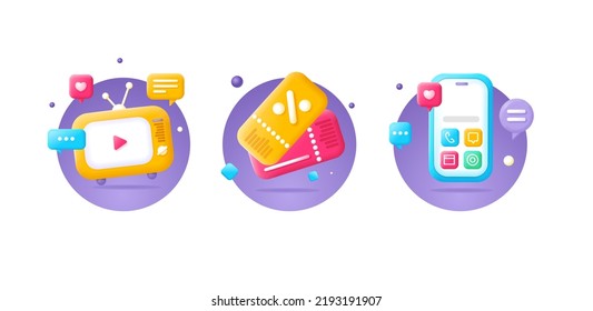 3d Media Sale Icon Set Plasticine Cartoon Style Isolated on a White Background. Vector illustration of Television and Mobile Phone