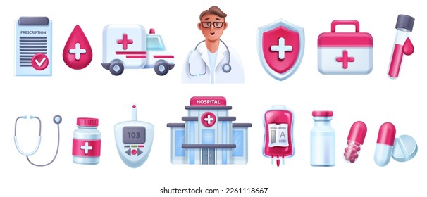 3D medic icon set, ambulance car, pharmacy hospital pictogram, vector medical heart, pulse line. Emergency help concept, treatment aid case, pills, blood bag, cardio sign. 3D medical object kit