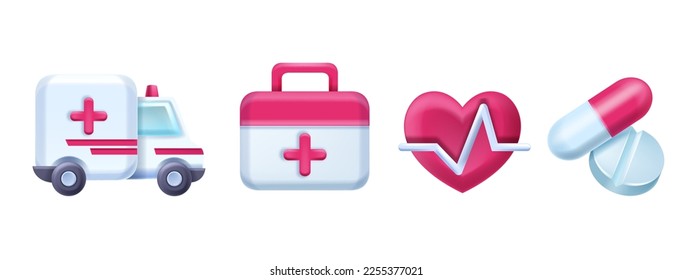 3D medic icon set, vector medical heart, pulse line, pharmacy hospital pictogram, ambulance car. Emergency help concept, treatment aid case, pills, remedy tablets, cardio sign. 3D medical object kit