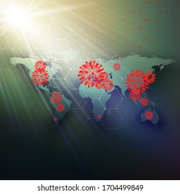 3d medical background of corona virus with world map. Covid 19, coronavirus infection. Virus concept vector illustration.