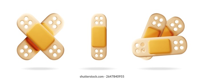 3d banda médica ajuda gesso definido em diferentes formas. Assistência médica e primeiros socorros. Conceito de medicamento.