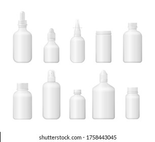 3d medical blank box. White plastic package design. Set of various medical bottle for medicines, pills, tablets and vitamins. Photo-realistic packaging mockup template. Vector illustration, eps 10.