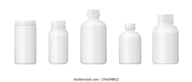 3d medical blank box. White plastic package design. Set of various medical bottle for medicines, pills, tablets and vitamins. Photo-realistic packaging mockup template. Vector illustration, eps 10.