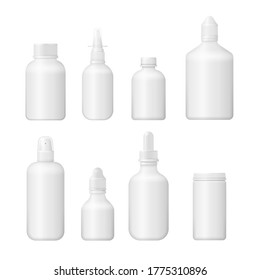 3d medical blank box. White plastic package design. Set of various medical bottle for medicines, pills, tablets and vitamins. Photo-realistic packaging mockup template. Vector illustration, eps 10.