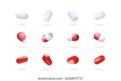 3d medical capsule set. collection of vector isolated medication pills and drugs. vitamins, antibiotic, painkiller tablet.