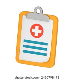 3D medical card, clipboard with notes and cross, report, health data, medical history concept. 3D vector illustration isolated on white background