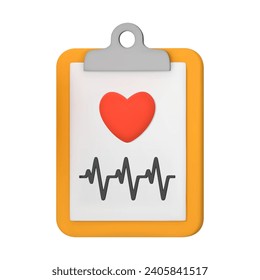 3d medical document with heart and cardiogram. Medical icon. Healthcare and medicine. Health check form report, health checkup clipboard. 3D vector illustration isolated on white background