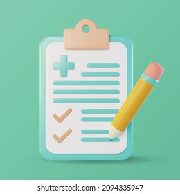 3d Medical Document With Pencil Vector Illustration, Health Insurance Icon With Pencil