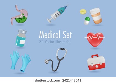 3D Medical health care icon set. Stomach, syringe, medicine, heart, glove and first aid medical box. 3D vector created from graphic software.